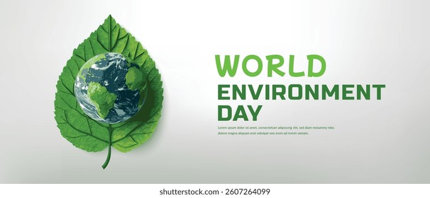 World Environment Day. Earth with Green Leaves, Earth Day, Environmental Care, World Protection,  Green Energy, ESG, Renewable and Sustainable Concept
