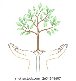 World environment day Environment Earth Day.In the hands of trees growing seedlings. Hand drawn in thin line style, Vector illustration isolated on white background. 