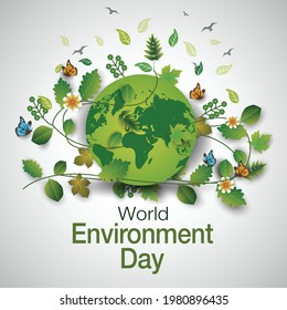 world environment day with earth, levees, flowers, butterfly's. vector illustration design  