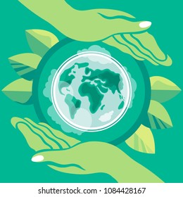 World Environment Day. Earth Day. Poster on the theme of preservation of the environment. The planet is in the hands of man. Vector illustration.