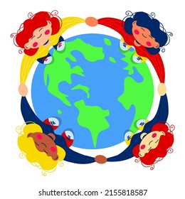 World environment day, Earth day, save a clean planet, ecological concept.View from above on four different skin colors girls which holding hands and looking up on the background of the planet Earth.