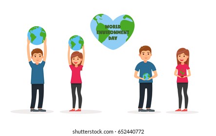 World Environment Day. Earth Day. Set .Happy girl and boy. Logo. Emblem. Banner. Map. Vector images in cartoon style