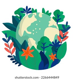 Weltumwelttag. Earth Day. Nachhaltiger Lebensstil und Problemkonzept für den Klimawandel. Erdkugel mit Blättern, Bäumen und Blumen. Konzept Design für Banner, Poster, Grußkarte. 