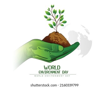 World environment day with earth and trees, and 3d text design for environment day, Human hands holding plant, space. Save our planet