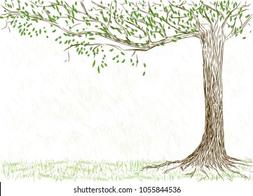 World Environment day. Earth day. Vector illustration. Hand drawn tree with green leaves and branches. Green grass on the spring background. Summer greenfield. Tree in the wind.