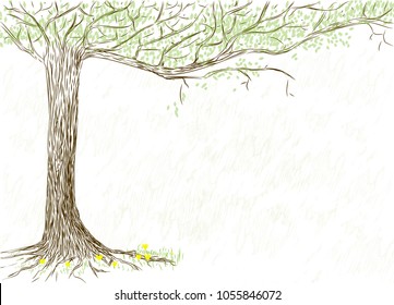 World Environment day. Earth day. Vector illustration. Hand drawn tree with green leaves and branches. Yellow flowers and green grass on the spring background. Summer.