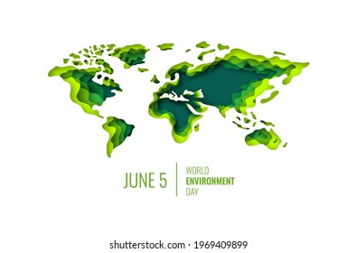 World Environment Day. Eco Concept. Green World Map on Papercut style. Vector illustration