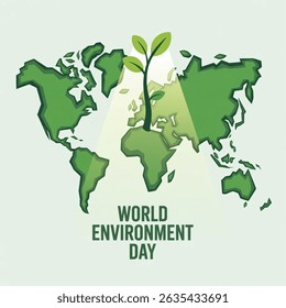 World Environment Day. Eco Concept. Green World Map on Papercut style. Vector illustration isolated on white background.

