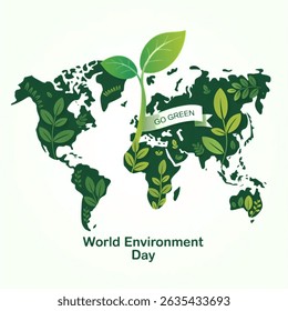 World Environment Day. Eco Concept. Green World Map on Papercut style. Vector illustration isolated on white background.
