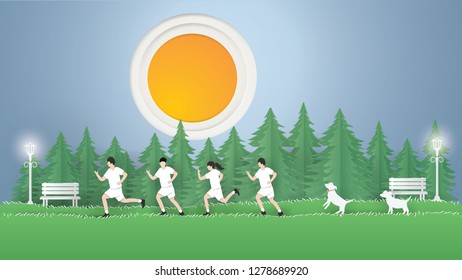 World environment day and Eco earth day with Man and Woman running on the green grass,Forest,Green background,Vector and illustration style.