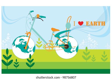 World Environment Day - eco friendly vehicle in a green grass on blue background : vector illustration