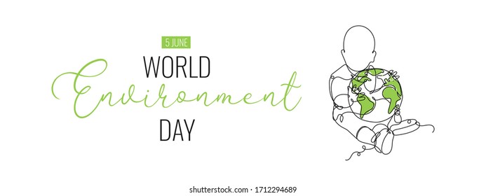 World Environment Day eco landing page. Ecology friendly poster, banner, flyer design. Continuous line drawing little baby with Earth globe and text 5 june World Environment Day. Vector illustration.