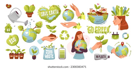 World Environment Day. Eco set. Save the earth, zero waste, no plastic, go green, alternative energy, eco concept. Cartoon vector illustration.