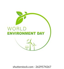 O conceito de design de logotipo ecológico do Dia Mundial do Meio Ambiente. Círculo verde com ícone de folha, turbinas eólicas e painel solar simbolizando energia renovável, sustentabilidade e consciência ambiental