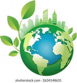 world environment day. Ecology and Environmental Concept,Earth Symbol With Green Leaves Around Cities Help The World With Eco-Friendly Ideas Vector illustration isolated on white background. 