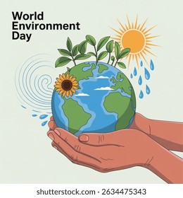  World Environment Day. Ecology, sustainable nature, planet conversation concept. Hands human holding earth planet with growth plant sun and rain around taking care vector illustration on white