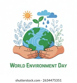  World Environment Day. Ecology, sustainable nature, planet conversation concept. Hands human holding earth planet with growth plant sun and rain around taking care vector illustration on white