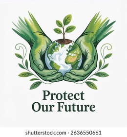 World Environment Day featuring two green hands holding the Earth with a young plant. Vector illustration isolated on white background.  Eco-friendly design symbol sustainability, nature protection.