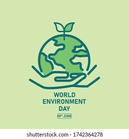 World Environment day flat vector graphic concept. 5th June environmental day minimalist vector illustration. Green globe with hands and plant vector icon.