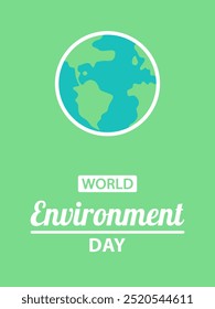 World Environment Day, flat vector design for poster or banner. White text World Environment Day and Earth globe on green background.