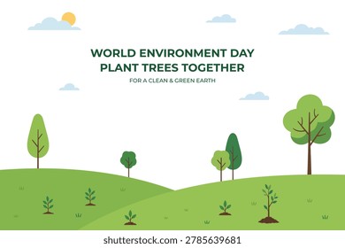 World Environment Day flat vector illustration featuring green hills, trees, clouds, and young plants. Modern ecofriendly nature background perfect for environmental campaigns, Earth Day events, sustainability awareness posters, banners.