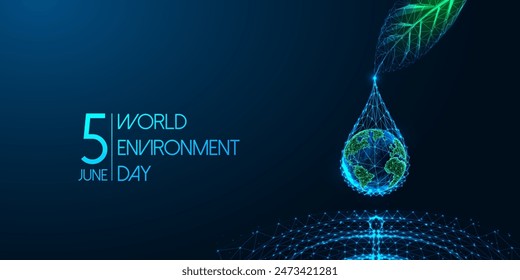 World Environment Day futuristic concept banner. Earth inside water drop falls from green leaf into water puddle, highlighting sustainability and environmental protection. Abstract vector illustration