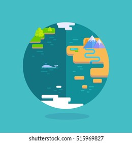 World environment day. Globe with landscape in flat on blue background. Save the planet idea. Concept design for banner, greeting card, poster. Vector illustration.