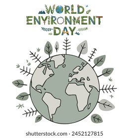 World Environment Day globe map with green recycling Mountains, Globe, River, Butterfly natural elements for environmental conservation. save our planet continents and oceans. Ecology Caring Nature