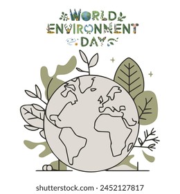 World Environment Day globe map with green recycling Mountains, Globe, River, Butterfly natural elements for environmental conservation. save our planet continents and oceans. Ecology Caring Nature
