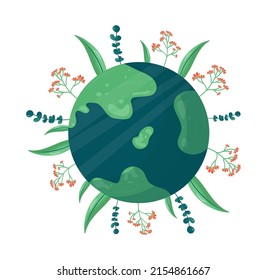 World Environment Day. The globe and silhouettes of flowers. International Mother Earth Day. Vector cartoon illustration. Nature protection and ESG