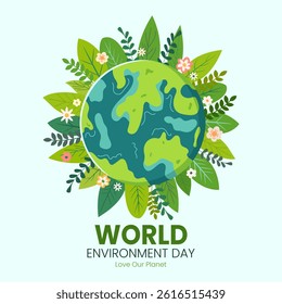 World Environment Day. Globe surrounded by plants and flowers Vector design illustration of planet isolated on light background