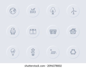 world environment day gray vector icons on round rubber buttons. world environment day icon set for web, mobile apps, ui design and promo business polygraphy