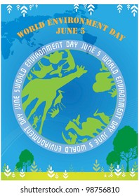 World Environment Day - green animals on beautiful ECO EARTH on blue background : vector illustration