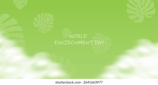 World Environment Day Green Background with Tropical Leaves and Clouds

