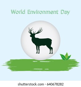 World Environment Day green brushstroke watercolor and deer silhouette on light background art creative modern vector illustration