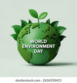 World Environment Day. Green cartoon planet Earth with sprout and leaves 3d  icon Earth day, ecology, nature and environment conservation concept. Save green planet conceptvector isolated on white 