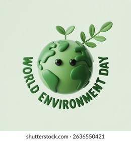 World Environment Day. Green cartoon planet Earth with sprout and leaves 3d  icon Earth day, ecology, nature and environment conservation concept. Save green planet conceptvector isolated on white 