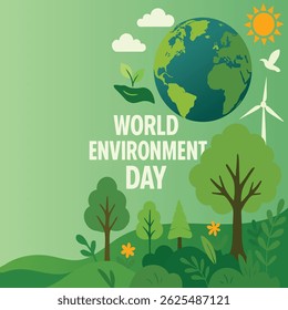 World Environment Day Green Nature Celebration with Trees, Planet, and Renewable Energy
