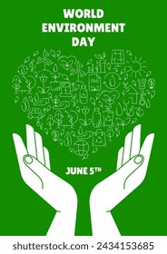 World Environment Day green poster, eco friendly heart with ecological line icons in a hands. Recycling sustainability, renewable energy, net zero emissions by 2050. For flyer, banner, cover.