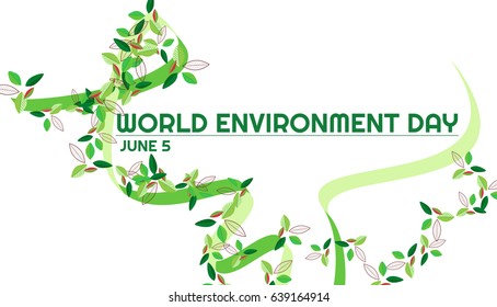 World environment day green ribbon and a different leafs. Vector graphic green ribbon and multicolor different leaves on a white background.