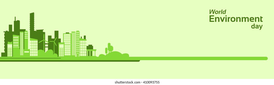 World Environment Day Green Silhouette City Eco Banner Flat Vector Illustration