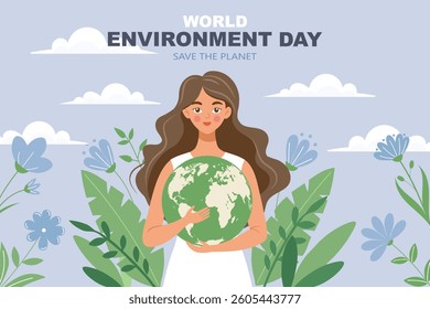 World Environment Day greeting card with a girl holding the planet Earth on nature background. Flat style illustration