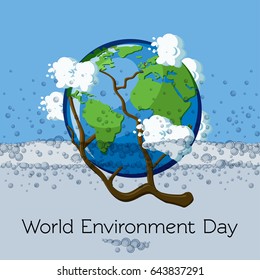 World Environment Day greeting card template with globe submerged in water and surrounded by clouds and bubbles. Ecology concept. Cartoon vector illustration in flat style.  