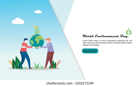world environment day greeting concept with people character. man work together to lift the earth globe. web landing page template, banner, presentation, social, and print media.