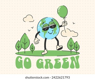 World Environment Day. Groovy style. Retro earth character with helium balloon. Go green. Earth day. Environmental care. Protection of nature. Ecology concept
