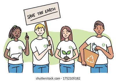 World Environment Day. A group of young men and women is doing an environmental protection campaign. hand drawn style vector design illustrations. 