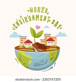 Día Mundial del Medio Ambiente. Medio planeta con una ciudad. Concepto de ecología. Salven la tierra. Ilustración vectorial de dibujos animados.
