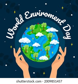 Día Mundial del Medio Ambiente. Mano sostiene el mundo perfecto. Significa preservar el mundo en su totalidad, no hacer nada que dañe al mundo. Se puede usar en medios y medios sociales. Ilustración del vector