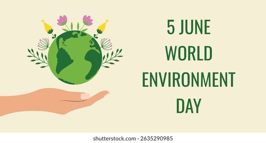 World Environment Day. Hand holding blooming earth. Vector illustration.