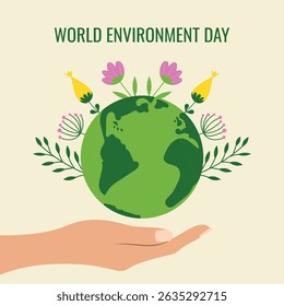 World Environment Day. Hand holding blooming earth. Vector illustration in square format.